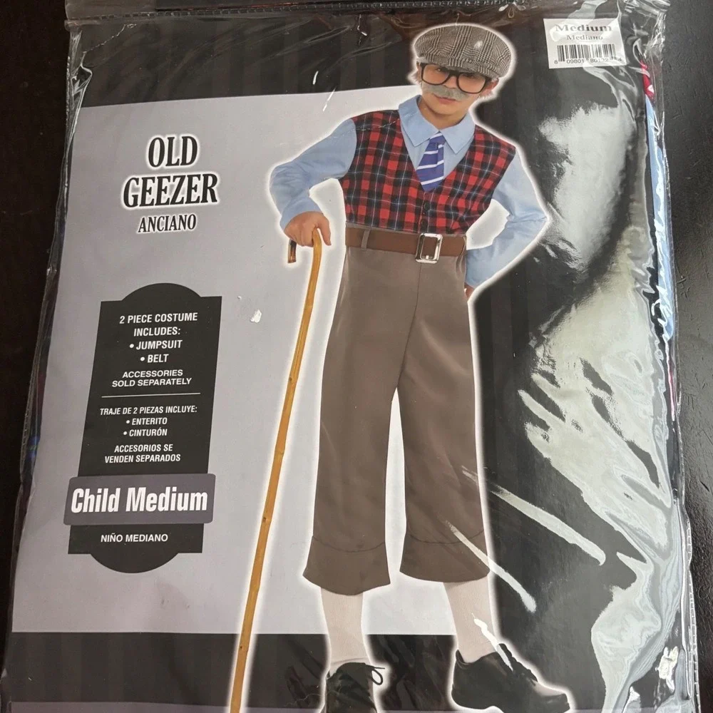 Old Geezer Kids Costume 2 Piece Jumpsuit Belt 100th Day of School Child Medium